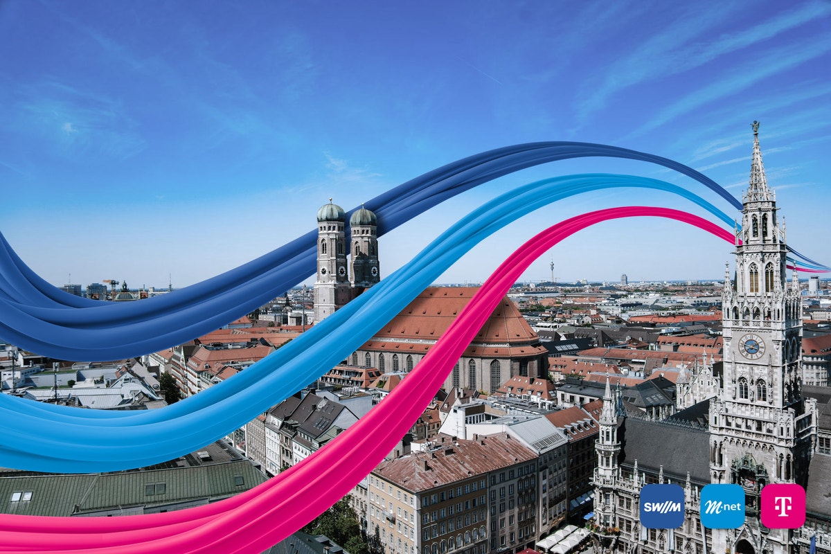 Montage Stadkulisse München mit Logos von Telekom, Stadtwerke München und M-net
